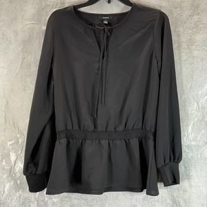 Alfani Women's Plus Deep Black Smocked Peplum V-Neck Long-Sleeve Top SZ 0X